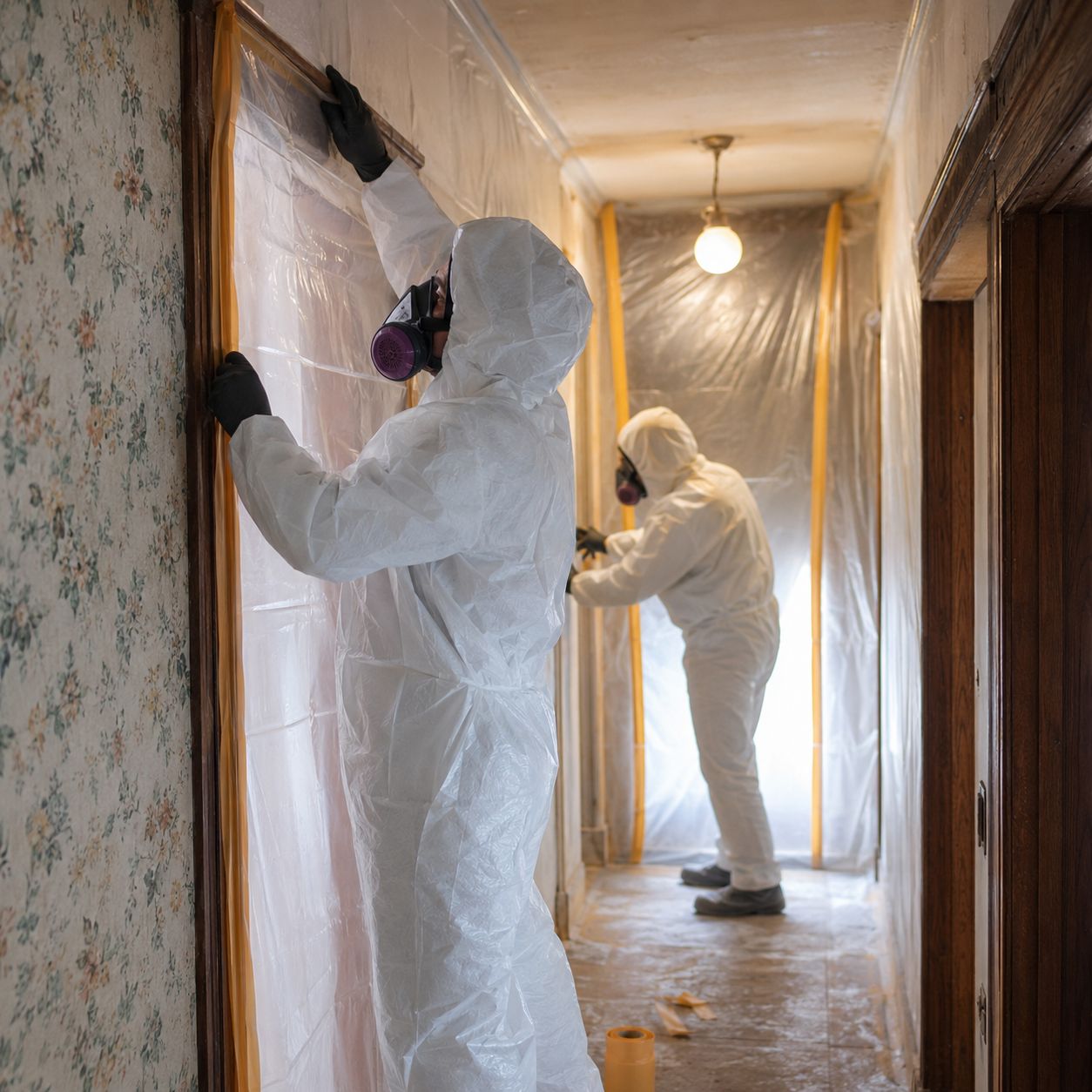 Certified asbestos abatement team removing popcorn ceiling inside containment zone
