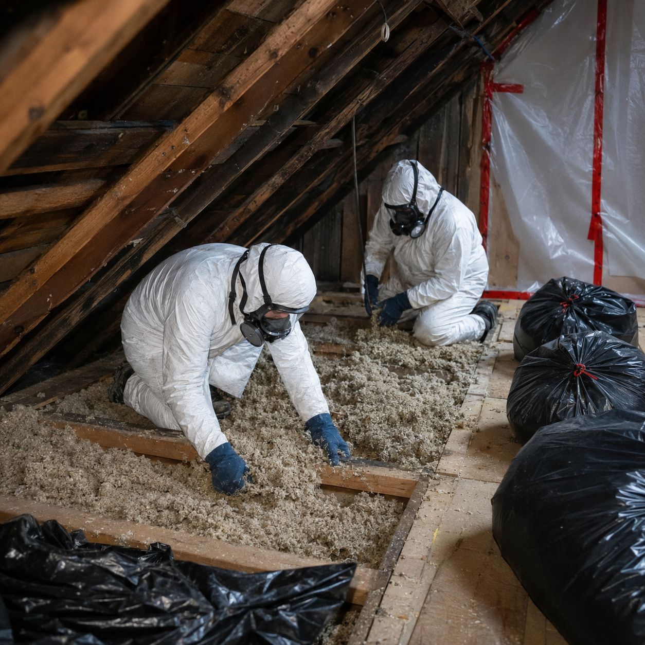 Licensed technicians removing asbestos from crawlspace with HEPA air filtration
